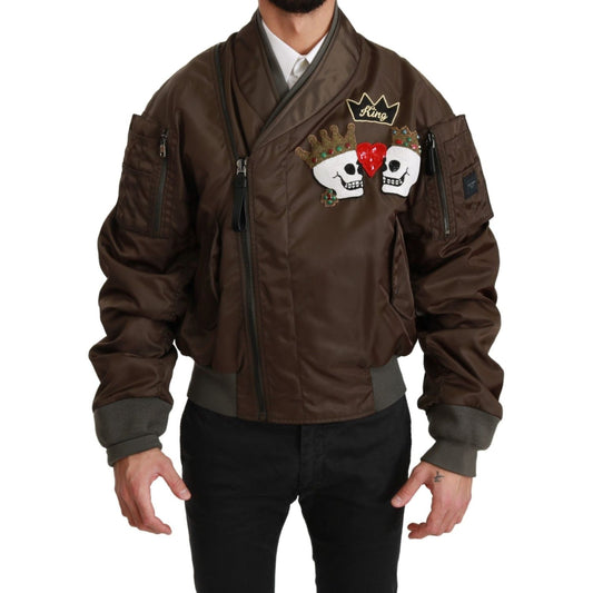 Dolce & Gabbana Brown Beaded Crown Skull Logo Jacket Dolce & Gabbana