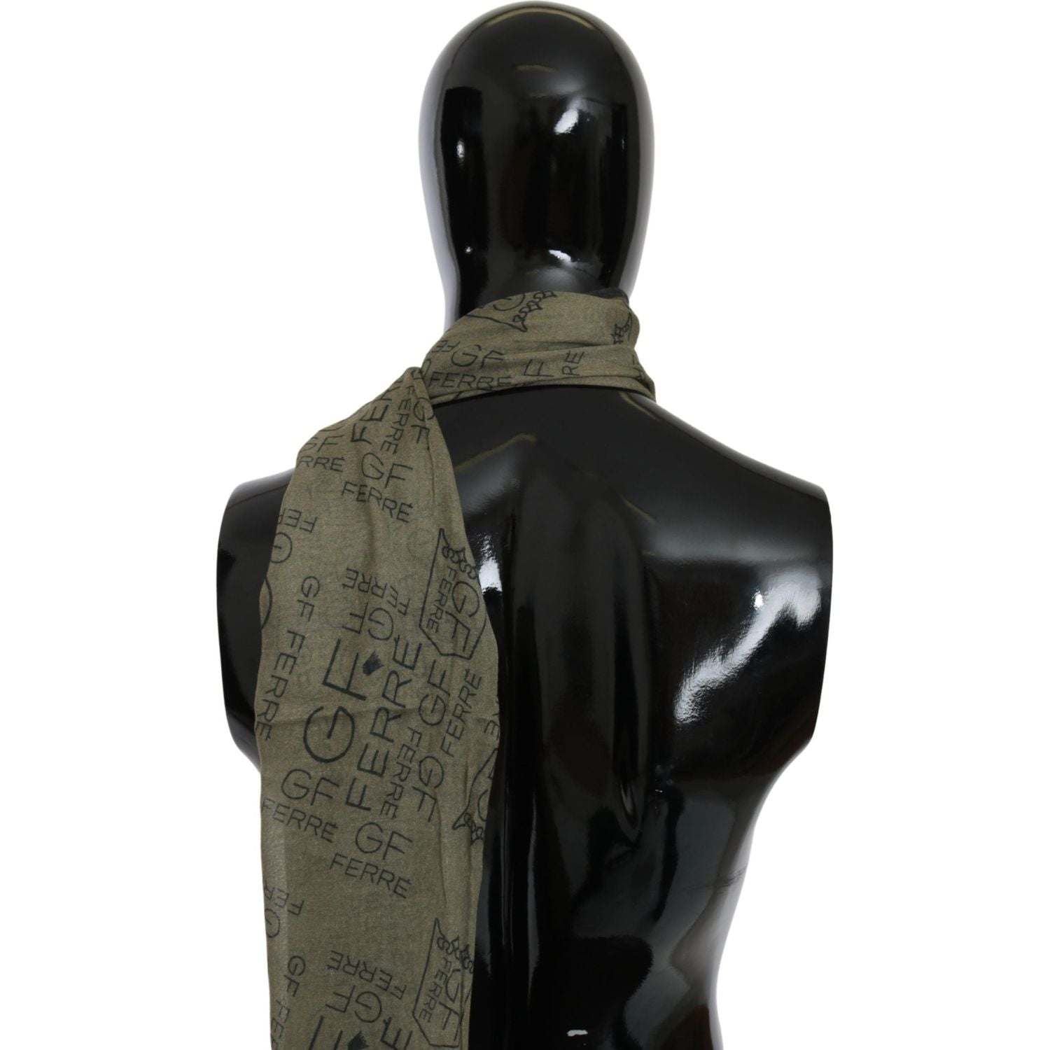 GF Ferre Green Wool Viscose Foulard Patterned Branded Scarf