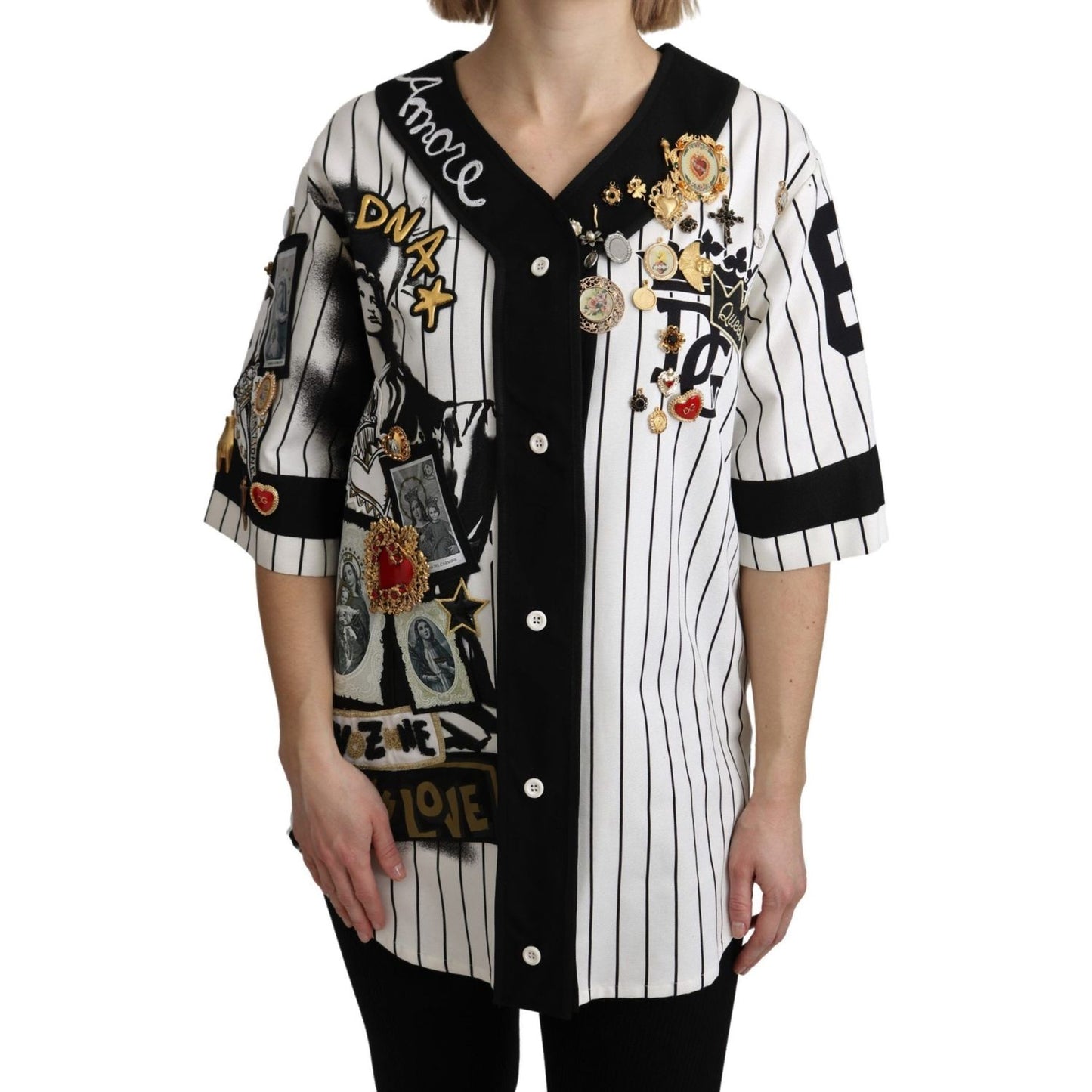 Dolce & Gabbana White and black Blouse Cotton Crystal Charms Amore Shirt TSH4848-36