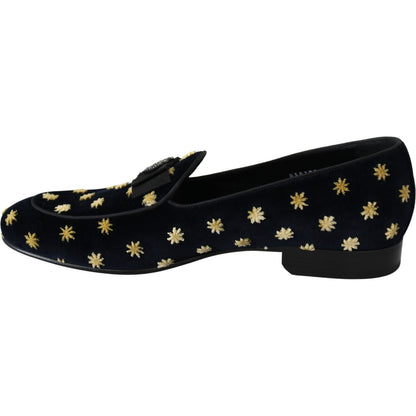 Dolce & Gabbana Blue Velvet Crown Slippers Loafers Shoes
