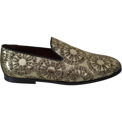 Dolce & Gabbana Gold Jacquard Flats Mens Loafers Shoes