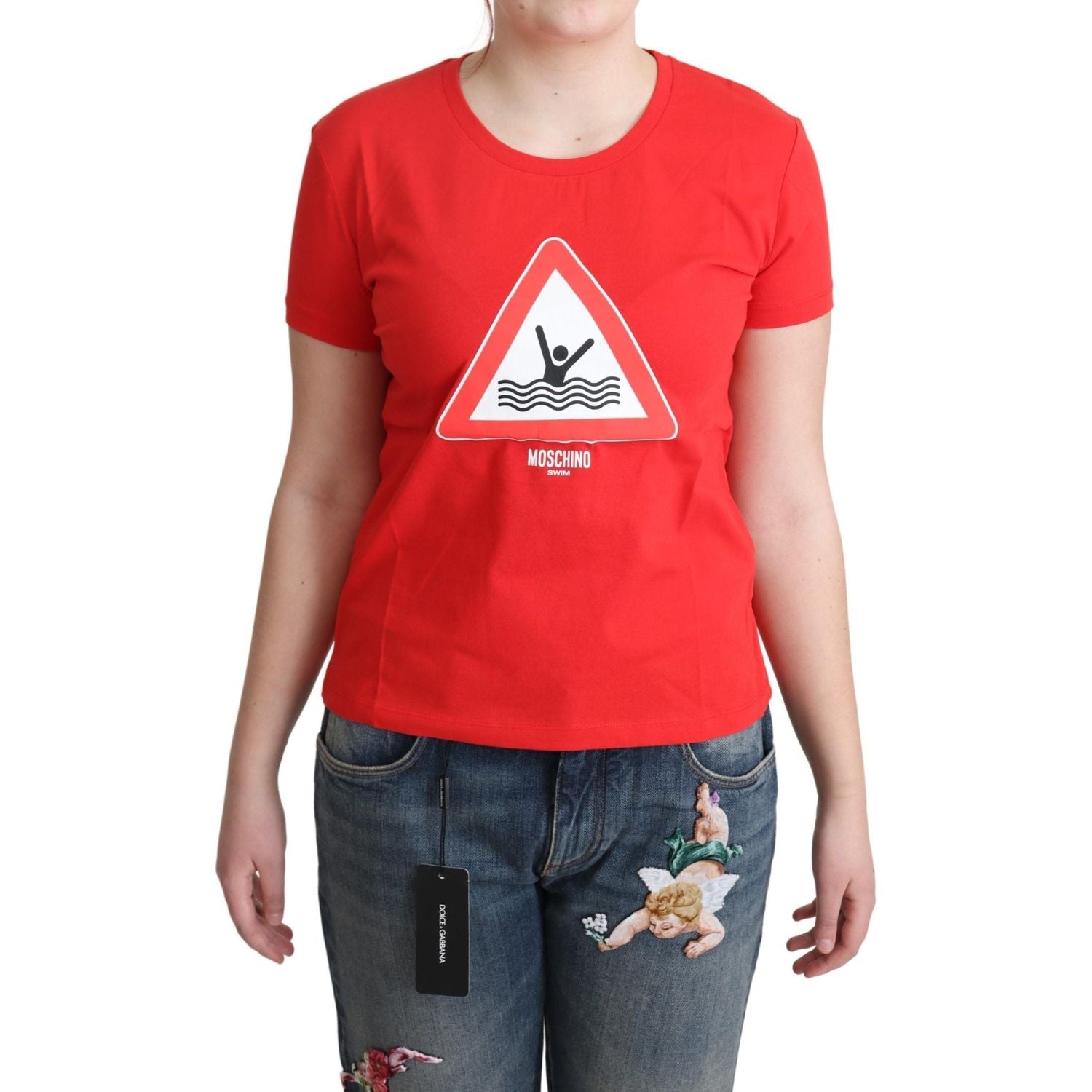 Moschino Red Cotton Swim Graphic Triangle Print  T-shirt