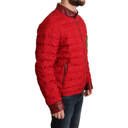 Dolce & Gabbana Red Brocade Bomber Gold Crown Logo Coat Jacket