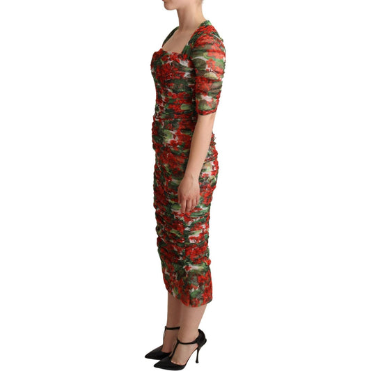 Dolce & Gabbana Red Floral Print Tulle Sheath Midi Dress DR28098 -36