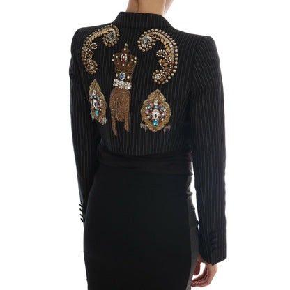 Dolce & Gabbana Black Crystal Fairy Tale Blazer Jacket 1% Acrylic,1728,2% Acetate,2% Polyester,27% Rayon,67345645728,Blazers - Suits & Blazers - Clothing,Clothing,Dolce & Gabbana,IT38|XS,IT40|S,IT42|M,IT46 | L,Jackets & Coats - Clothing,Jackets & Coats -