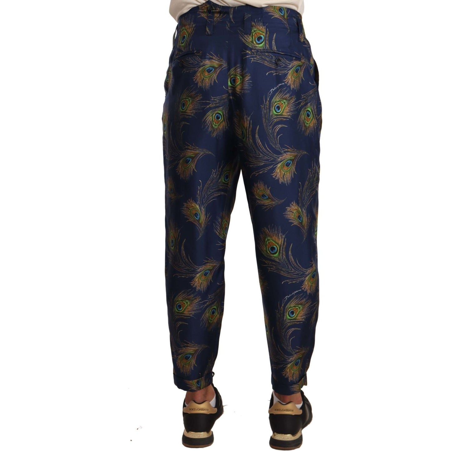 Dolce & Gabbana Blue Peacock Print Tapered Trousers Silk Pants PAN71985 -48