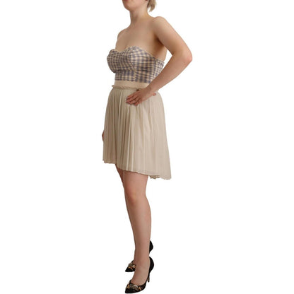 Guess Beige Checkered Pleated A-line Strapless Bustier Dress Guess