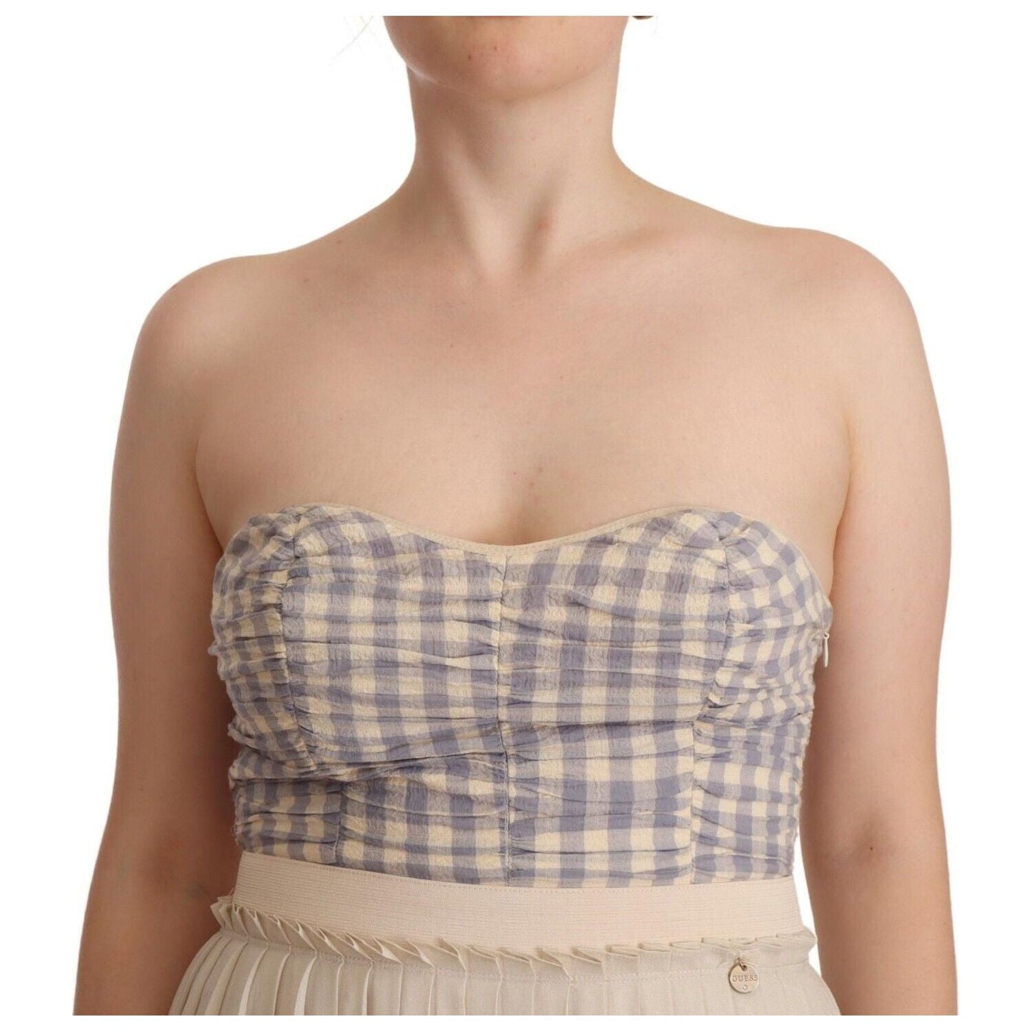 Guess Beige Checkered Pleated A-line Strapless Bustier Dress Guess