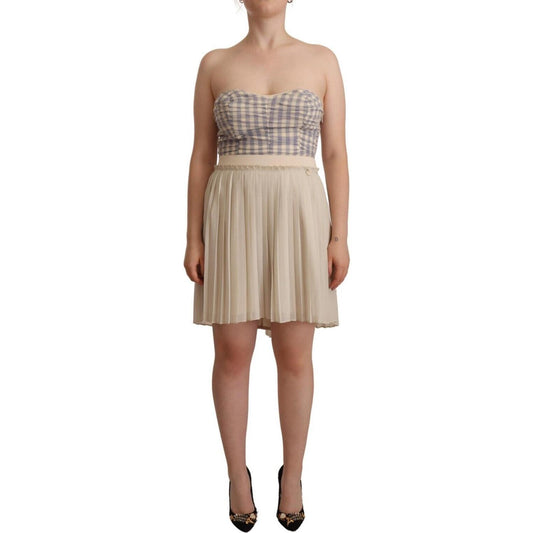 Guess Beige Checkered Pleated A-line Strapless Bustier Dress Guess
