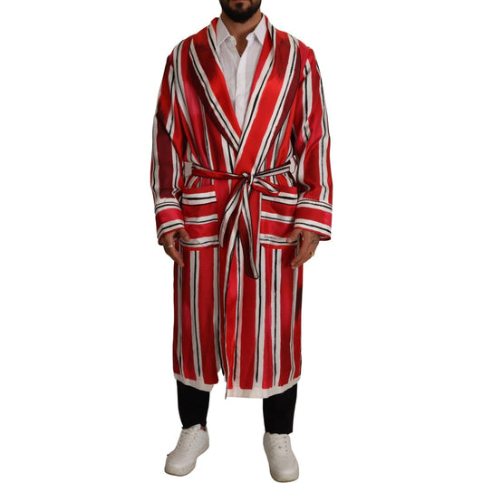 Dolce & Gabbana Red White Striped Silk Mens Night Gown Robe KOS1973- 46