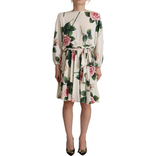 Dolce & Gabbana White Rose Print Long Sleeves A-line Dress DR28649 - 38