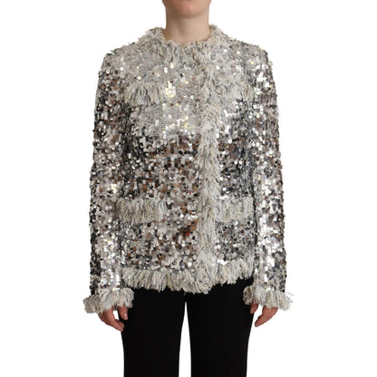 Dolce & Gabbana Silver Sequined Shearling Long Sleeves Jacket 1728,67345645728,Clothing,Coats - Jackets & Coats - Clothing,Dolce & Gabbana,IT40|S,Jackets & Coats - Clothing,Jackets & Coats - Women - Clothing,Material: 100% Nylon,New with tags,Silver,Women