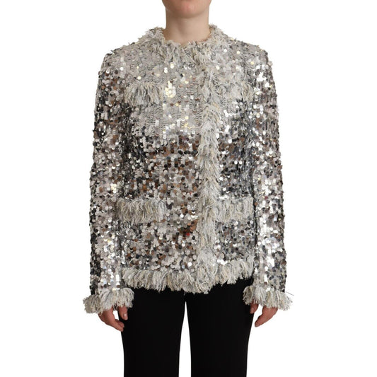 Dolce & Gabbana Silver Sequined Shearling Long Sleeves Jacket 1728,67345645728,Clothing,Coats - Jackets & Coats - Clothing,Dolce & Gabbana,IT40|S,Jackets & Coats - Clothing,Jackets & Coats - Women - Clothing,Material: 100% Nylon,New with tags,Silver,Women