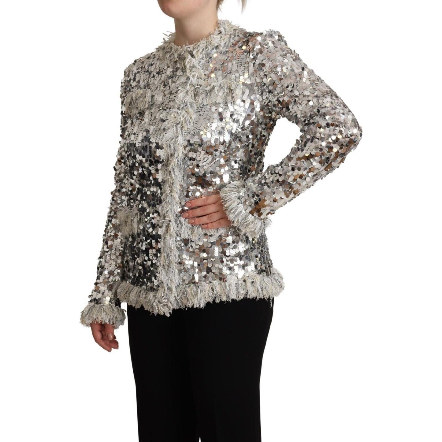 Dolce & Gabbana Silver Sequined Shearling Long Sleeves Jacket 1728,67345645728,Clothing,Coats - Jackets & Coats - Clothing,Dolce & Gabbana,IT40|S,Jackets & Coats - Clothing,Jackets & Coats - Women - Clothing,Material: 100% Nylon,New with tags,Silver,Women