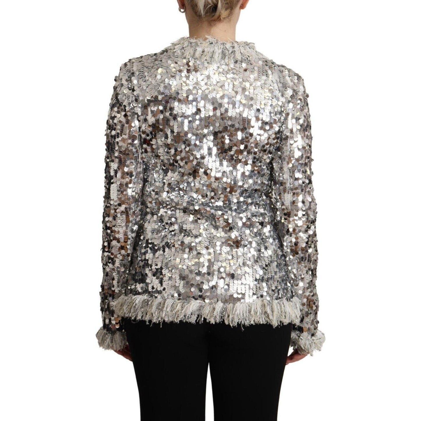 Dolce & Gabbana Silver Sequined Shearling Long Sleeves Jacket 1728,67345645728,Clothing,Coats - Jackets & Coats - Clothing,Dolce & Gabbana,IT40|S,Jackets & Coats - Clothing,Jackets & Coats - Women - Clothing,Material: 100% Nylon,New with tags,Silver,Women