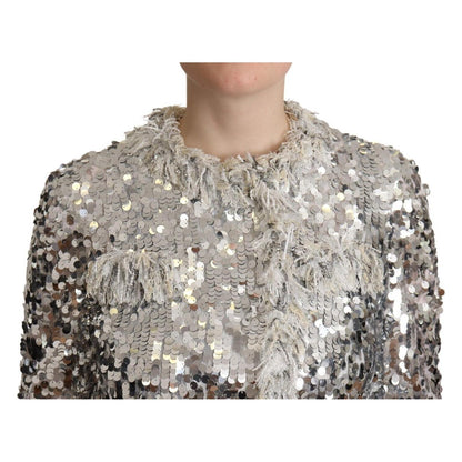 Dolce & Gabbana Silver Sequined Shearling Long Sleeves Jacket 1728,67345645728,Clothing,Coats - Jackets & Coats - Clothing,Dolce & Gabbana,IT40|S,Jackets & Coats - Clothing,Jackets & Coats - Women - Clothing,Material: 100% Nylon,New with tags,Silver,Women