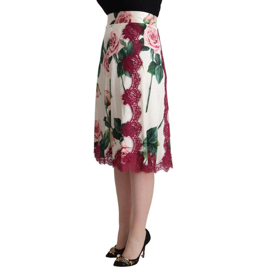 Dolce & Gabbana White Rose Print High Waist Midi A-line Skirt SKI1806 - 36