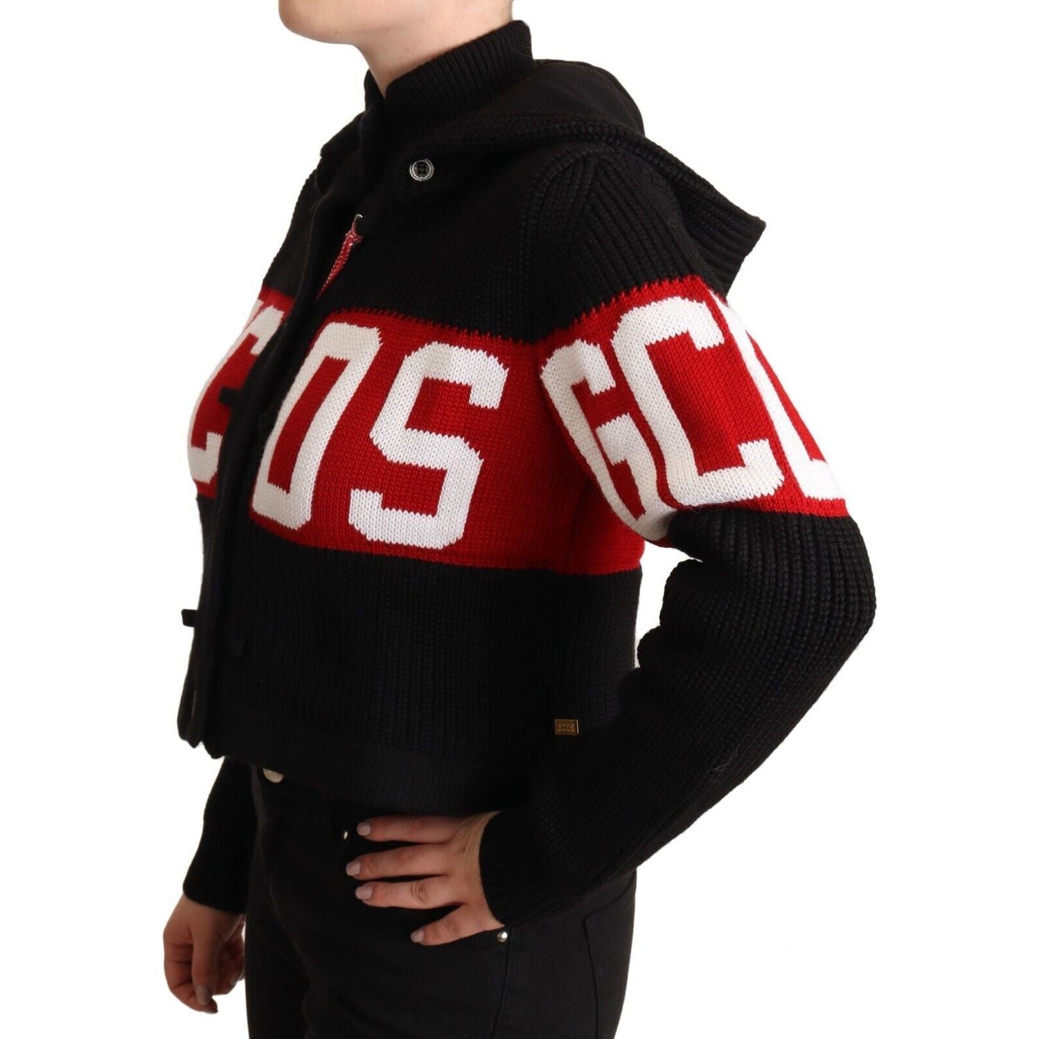 GCDS Black Cashmere Hooded Button Down Logo Cardigan Jacket