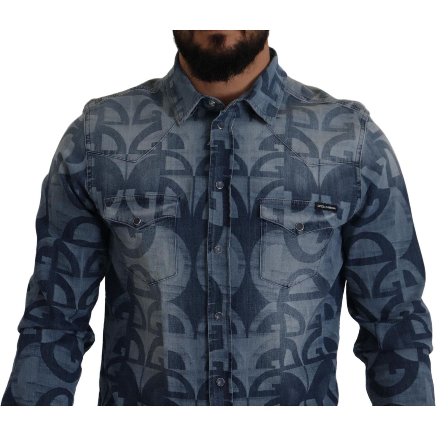Dolce & Gabbana Blue Denim Stretch DG Logo Casual Mens Slim Shirt