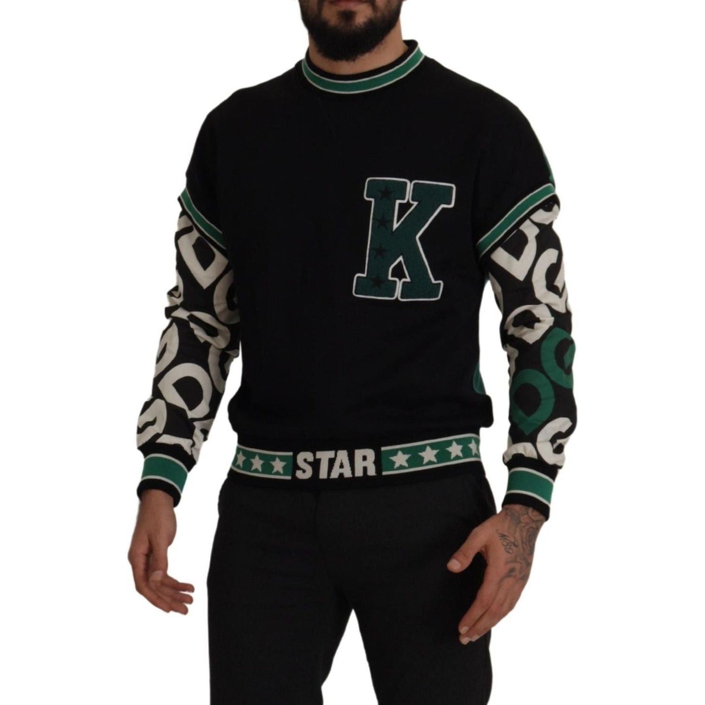 Dolce & Gabbana Black Green Cotton KING Star Crewneck Pullover Sweater