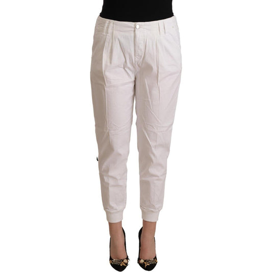 Met White Cotton Mid Waist Tapered Cropped Pants Met