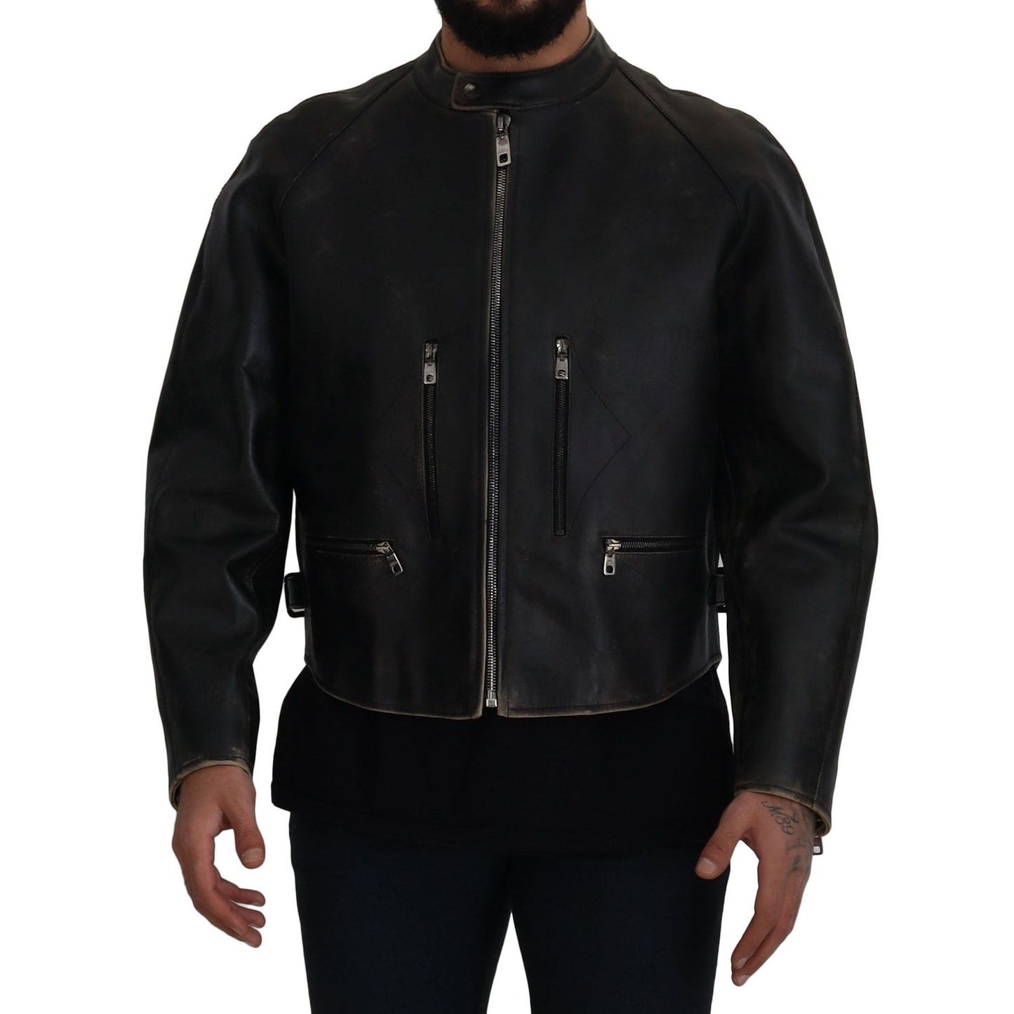 Dolce & Gabbana Black Leather Zipper Biker Coat Jacket