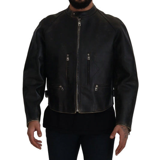 Dolce & Gabbana Black Leather Zipper Biker Coat Jacket