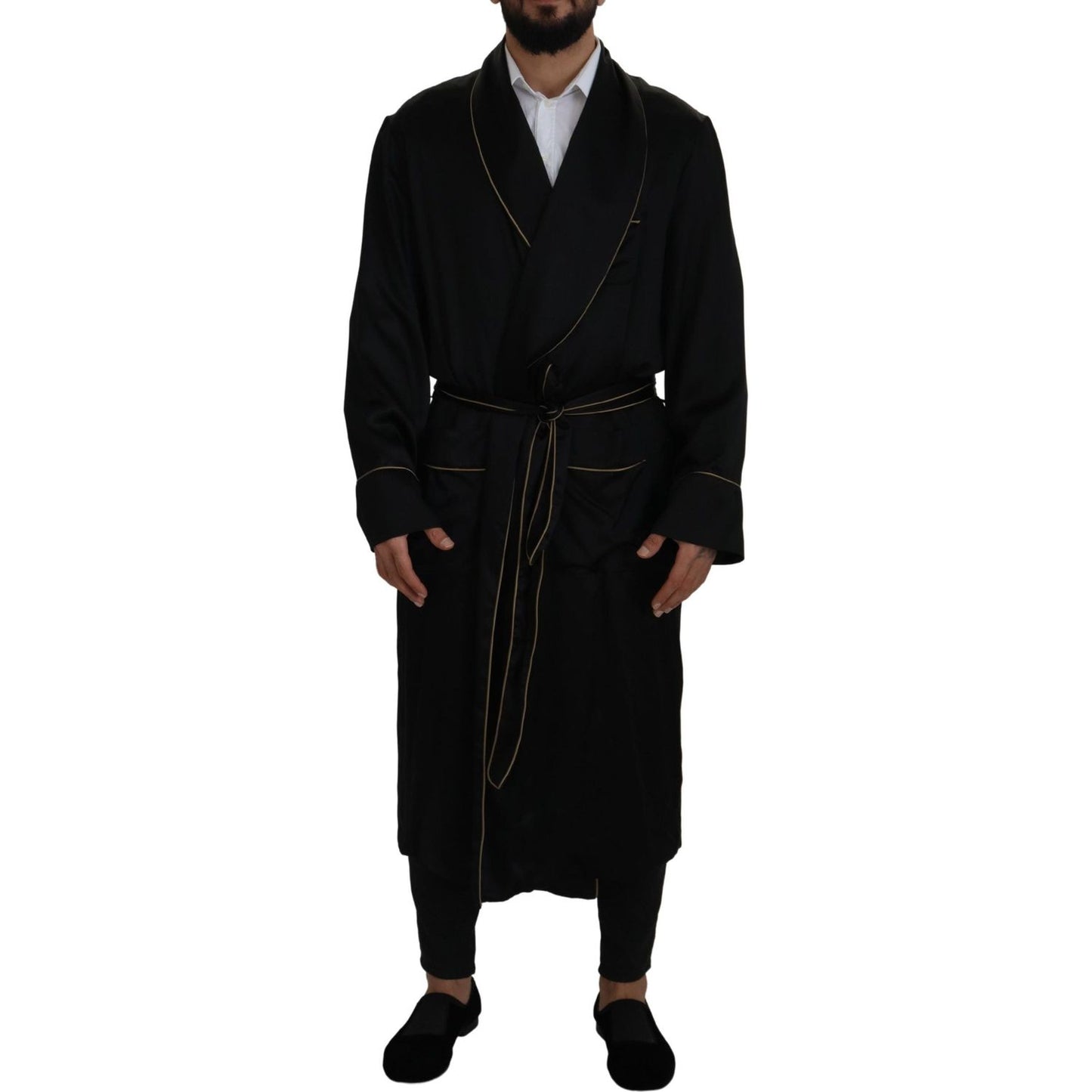 Dolce & Gabbana Black 100% Silk Robe Coat Wrap Jacket