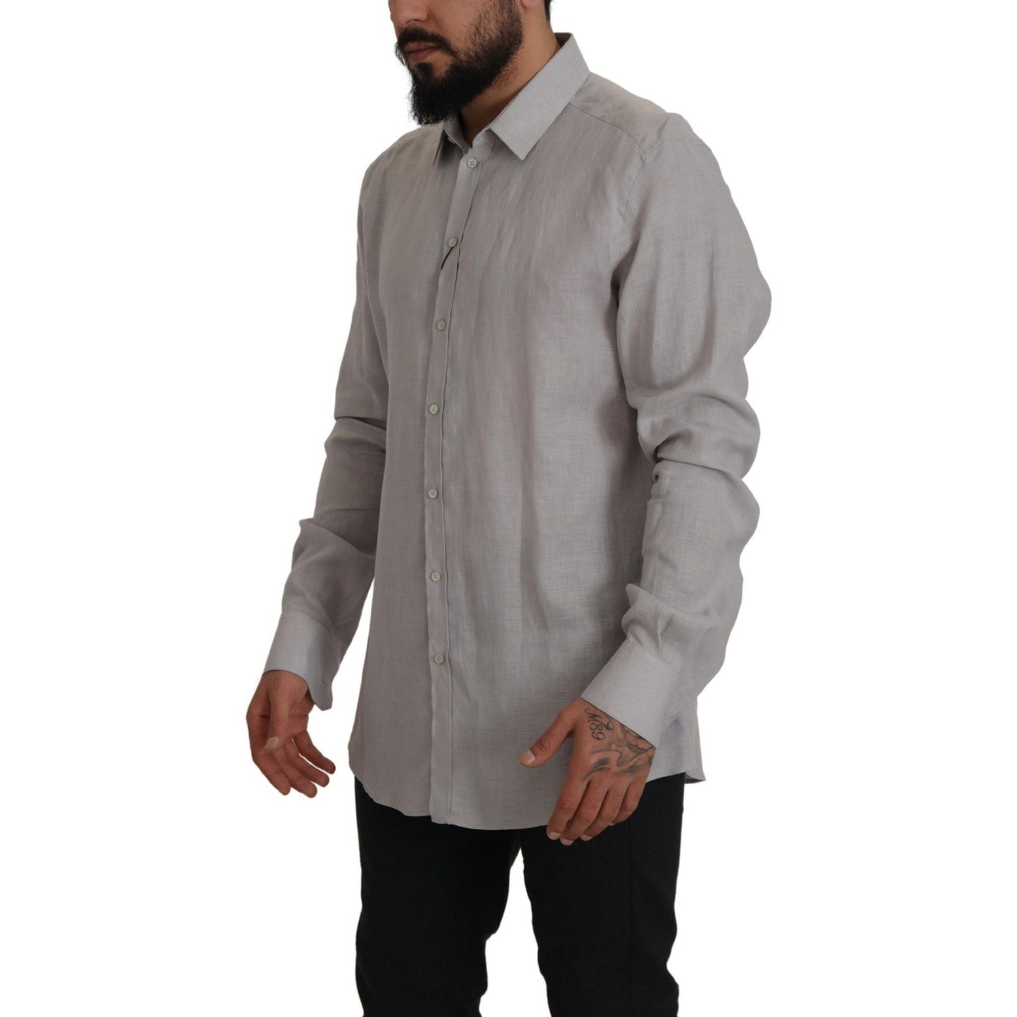 Dolce & Gabbana Gray Linen Long Sleeves Formal GOLD Shirt