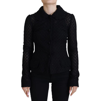 Dolce & Gabbana Black Wool Knitted Button Down Collar Jacket 12% Silk,1728,18% Nylon,67345645728,Black,Clothing,Coats - Jackets & Coats - Clothing,Dolce & Gabbana,IT40|S,Jackets & Coats - Clothing,Jackets & Coats - Women - Clothing,Material: 70% Virgin Wo