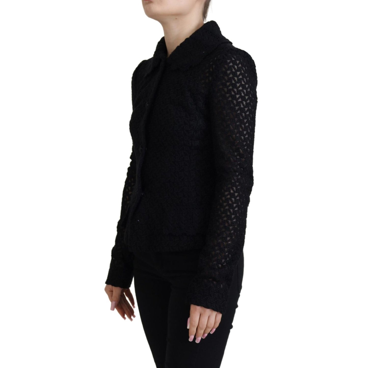 Dolce & Gabbana Black Wool Knitted Button Down Collar Jacket 12% Silk,1728,18% Nylon,67345645728,Black,Clothing,Coats - Jackets & Coats - Clothing,Dolce & Gabbana,IT40|S,Jackets & Coats - Clothing,Jackets & Coats - Women - Clothing,Material: 70% Virgin Wo
