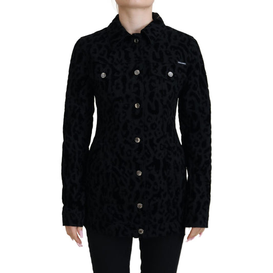 Dolce & Gabbana Black Leopard Long Sleeve Denim Cotton Jacket 1728,67345645728,Black,Clothing,Denim Jackets - Jackets & Coats - Clothing,Dolce & Gabbana,IT40|S,Jackets & Coats - Clothing,Jackets & Coats - Women - Clothing,New with tags,Women,Women - Cloth