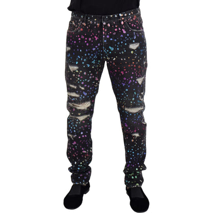 Dolce & Gabbana Black Multicolor Print Tattered Denim Jeans