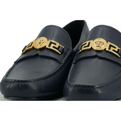 Versace Navy Blue Calf Leather Loafers Shoes Versace