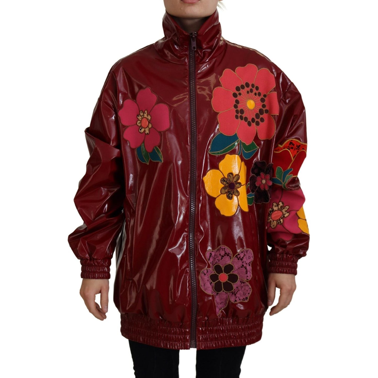 Dolce & Gabbana Maroon Floral Full Zip Polyester Women Jacket 1728,67345645728,Clothing,Dolce & Gabbana,IT40|S,Jackets & Coats - Clothing,Jackets & Coats - Women - Clothing,Maroon,Material: 60% Polyester 40% Polyurethane,New with tags,Rain Coats - Jackets