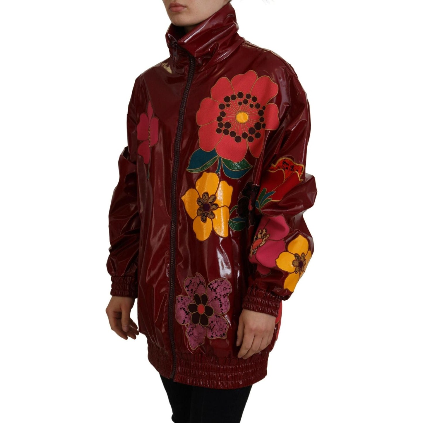 Dolce & Gabbana Maroon Floral Full Zip Polyester Women Jacket 1728,67345645728,Clothing,Dolce & Gabbana,IT40|S,Jackets & Coats - Clothing,Jackets & Coats - Women - Clothing,Maroon,Material: 60% Polyester 40% Polyurethane,New with tags,Rain Coats - Jackets