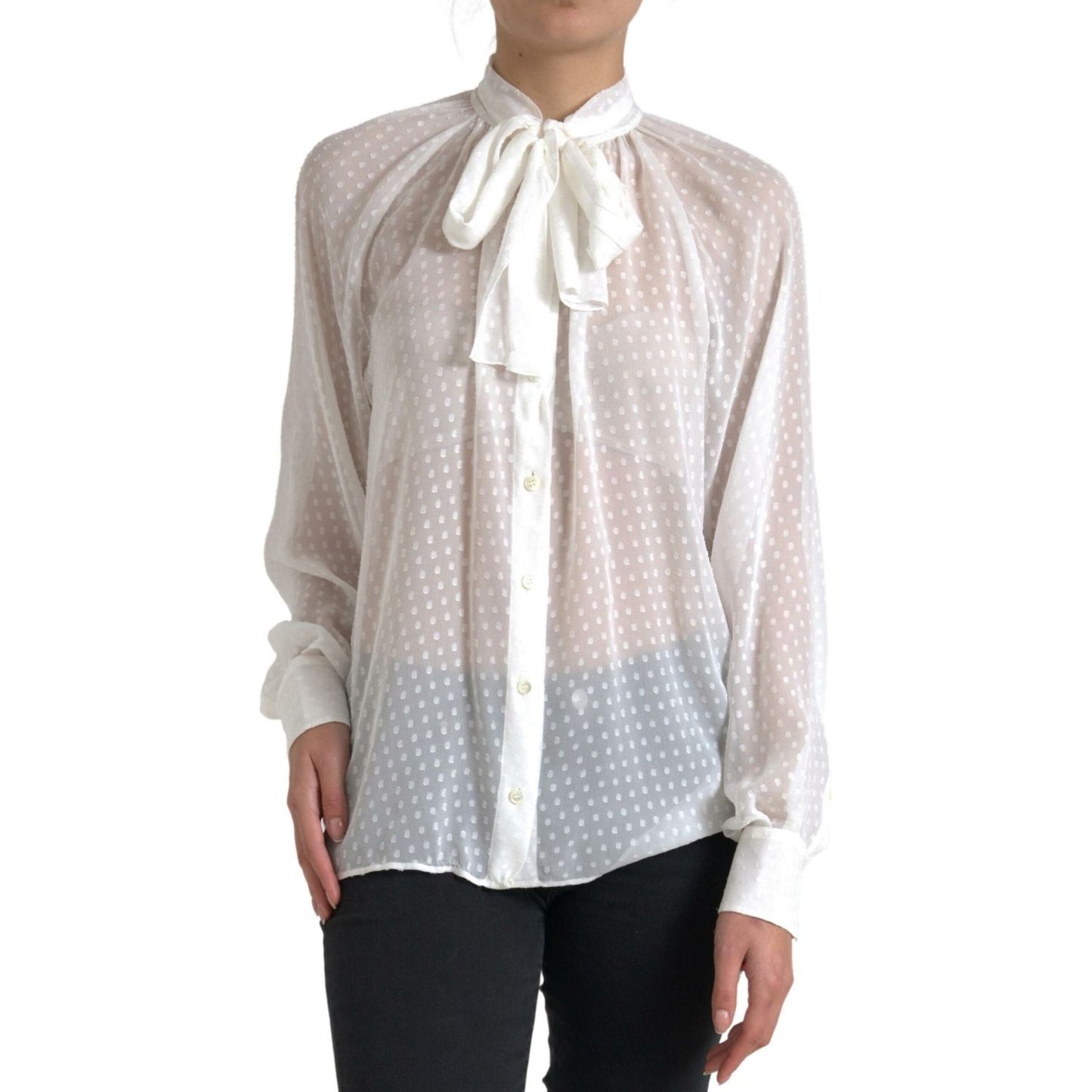 Dolce & Gabbana White Silk Sheer Tied Neck Polka Dots Blouse TSH83187-42