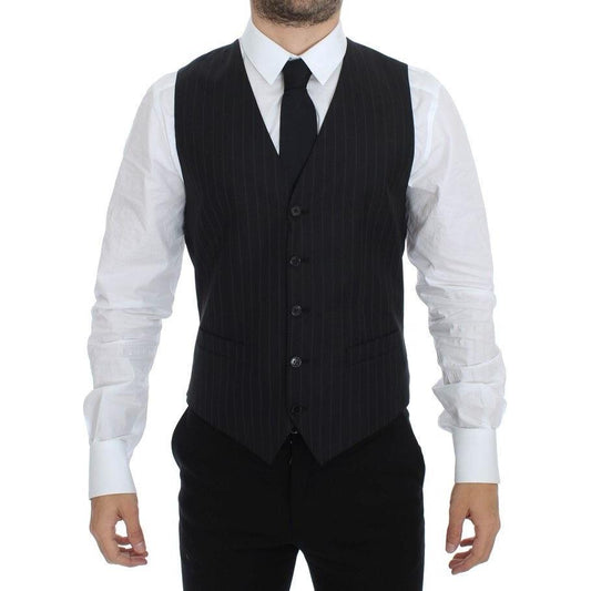 Dolce & Gabbana Black Striped Wool Silk Dress Vest Gilet Dolce & Gabbana