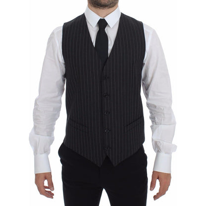 Dolce & Gabbana Gray Striped Wool Logo Vest Gilet Weste Dolce & Gabbana