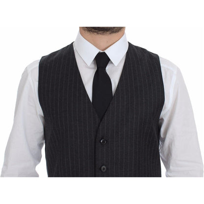Dolce & Gabbana Gray Striped Wool Logo Vest Gilet Weste