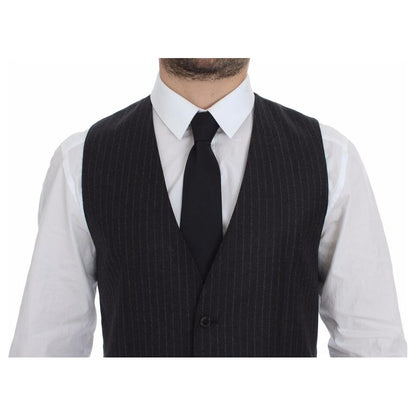 Dolce & Gabbana Gray Striped Wool Logo Vest Gilet Vests