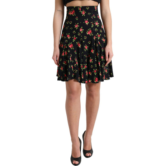 Dolce & Gabbana Black Rose Print High Waist A-line Mini Skirt Dolce & Gabbana