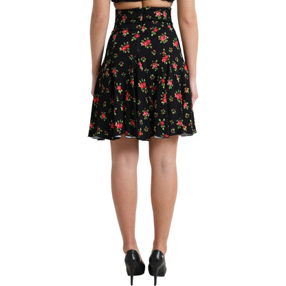 Dolce & Gabbana Black Rose Print High Waist A-line Mini Skirt