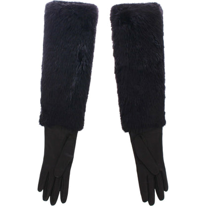 Dolce & Gabbana Black Beaver Fur Lambskin Leather Elbow Gloves Dolce & Gabbana
