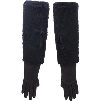 Dolce & Gabbana Black Beaver Fur Lambskin Leather Elbow Gloves Dolce & Gabbana