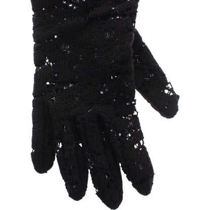Dolce & Gabbana Black Lace Wool Lambskin Fur Elbow Gloves Dolce & Gabbana