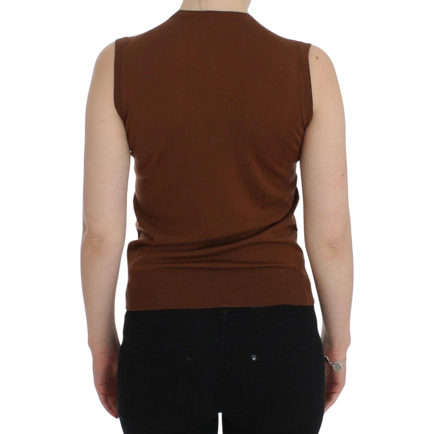 Dolce & Gabbana Brown Wool Black Lace Vest Sweater Top