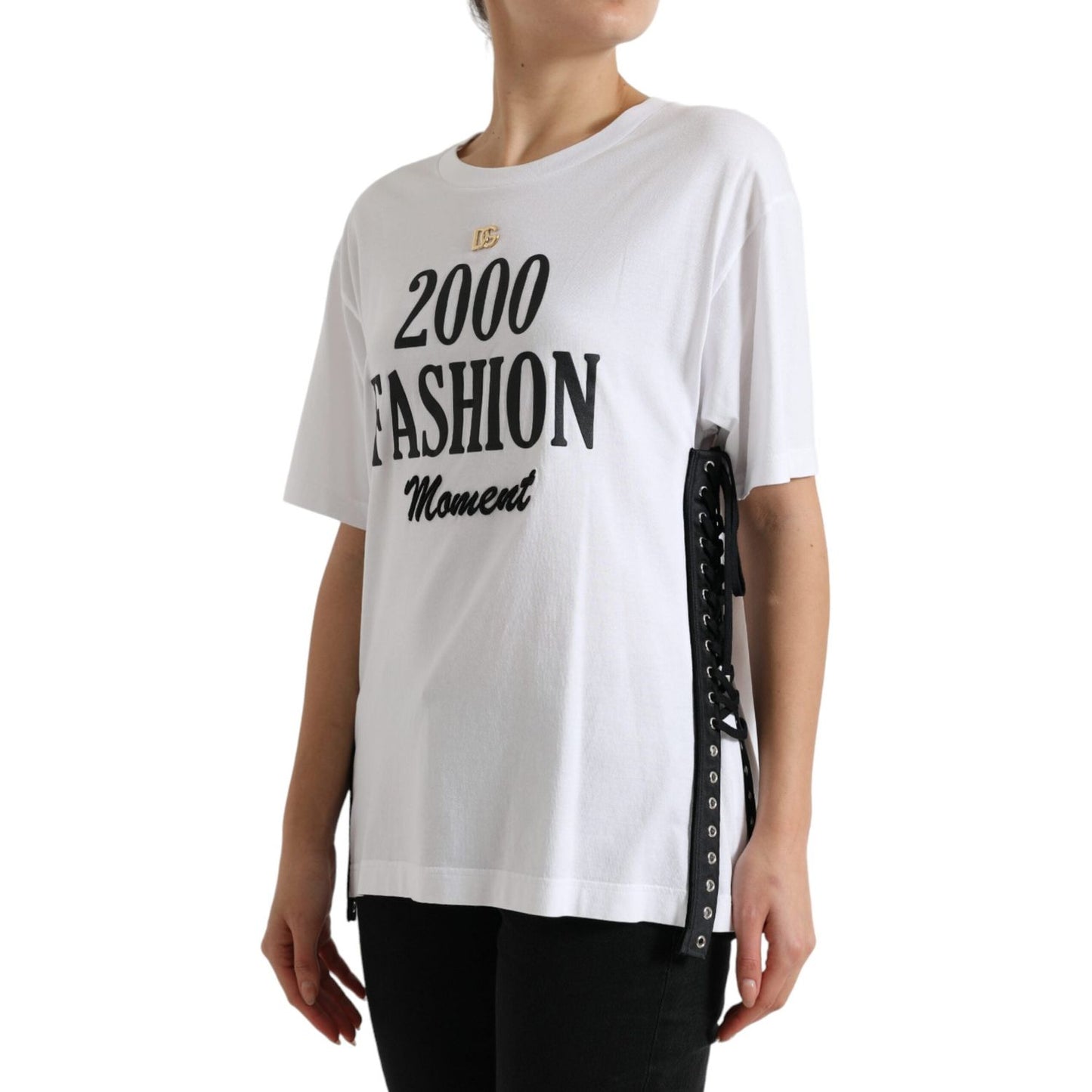 Dolce & Gabbana White Slogan Print Lacing Detailed T-shirt TSH84228-40