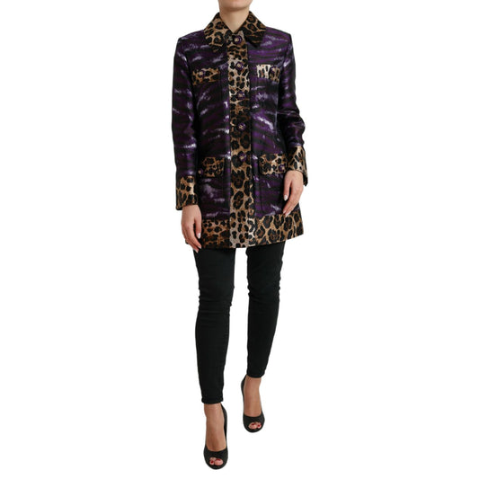 Dolce & Gabbana Purple Lamé Jacquard Tiger Print Coat Jacket 1728,67345645728,Clothing,Dolce & Gabbana,IT36 | XS,Jackets & Coats - Clothing,Jackets & Coats - Women - Clothing,Material: 94% Polyester 6% Polyester Film Fiber,New with tags,Purple,Trench Coat