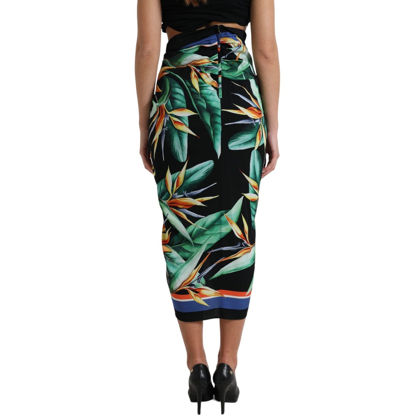 Dolce & Gabbana Black Strelitzia High Waist Wrap Midi Skirt